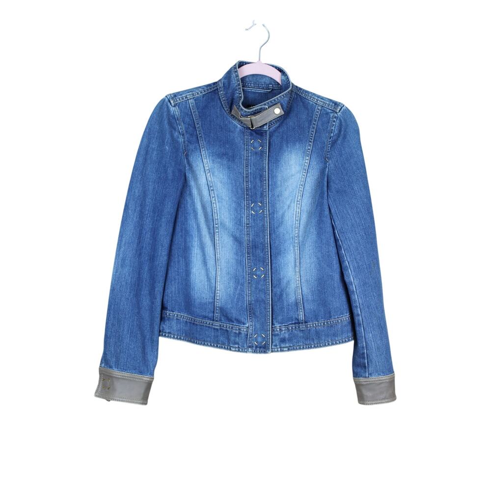 Escada Blue Wash Denim Gold Snap Closure Taupe Faux Leather Jeans Jacket Size 26